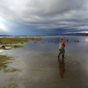 My twelve year old strides into a storm in pursuit of a fish. Bronte Lagoon Tasmania.