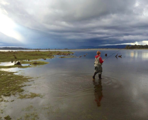 My twelve year old strides into a storm in pursuit of a fish. Bronte Lagoon Tasmania.